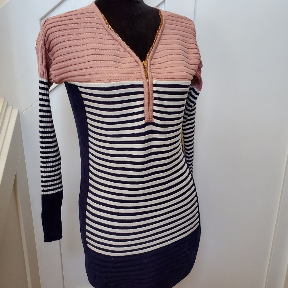 Striped Pink and Navy Sweater With Gold Zipper